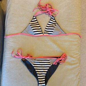 Sweaty Betty Black & White Striped Bikini with Pink Trim